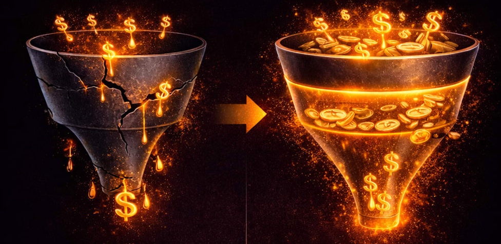 On the left, a cracked, leaking funnel with dollar signs spilling out. On the right, a glowing, intact funnel filling with gold coins.